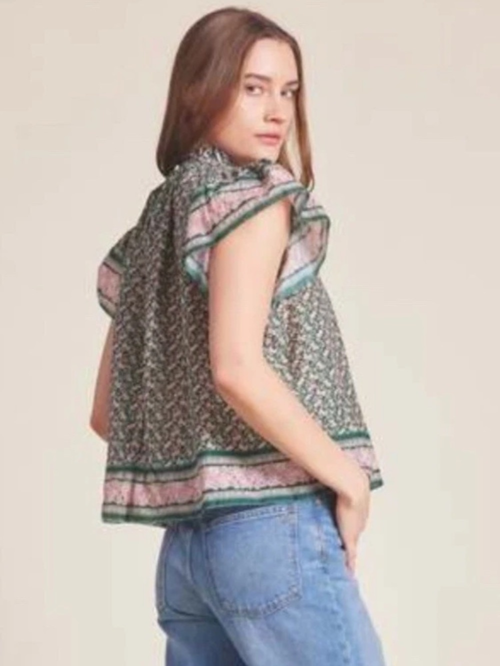 NEW Trovata Carla High Neck Blouse SweetMelba Sz Small Green Pink Floral $298